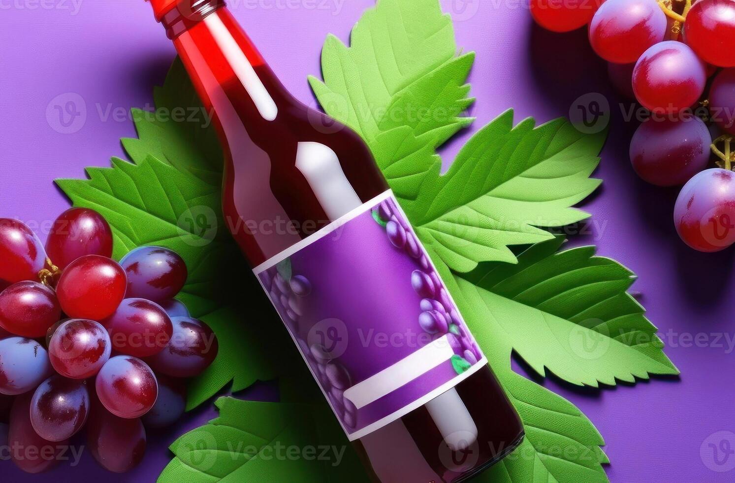 A vibrant bottle with grape-themed artwork on a purple background photo