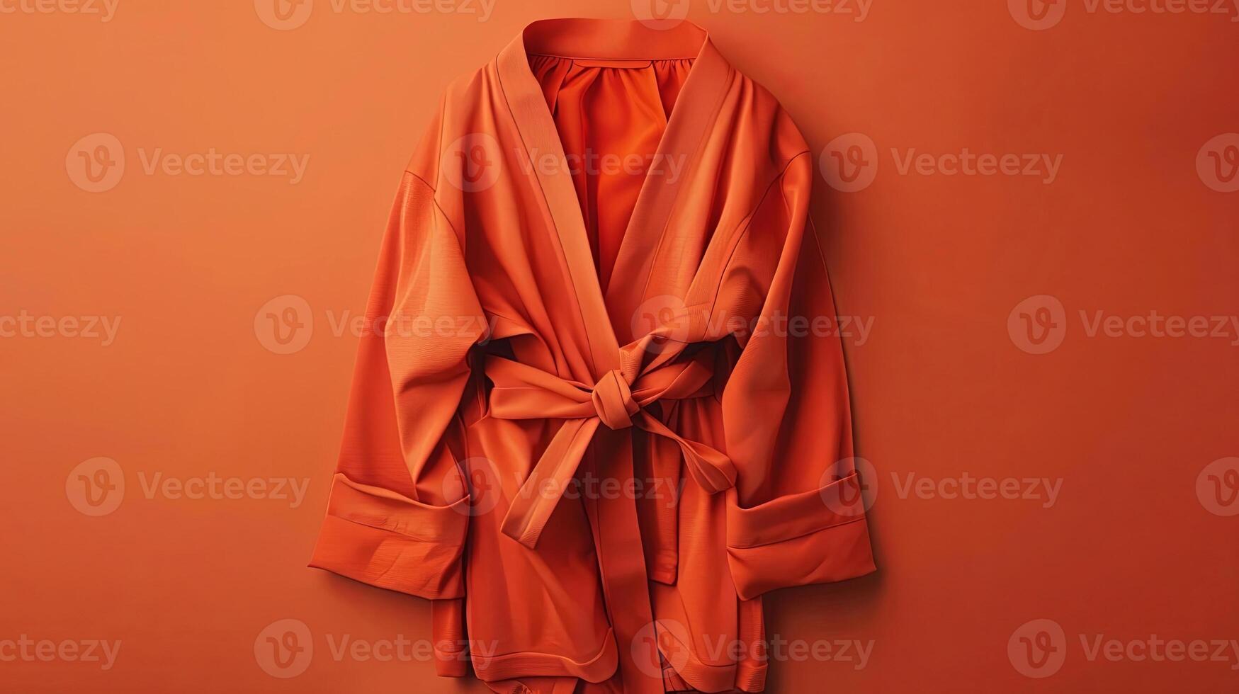 A beautiful coral kimono hung against an earthy background showcases minimalist elegance photo