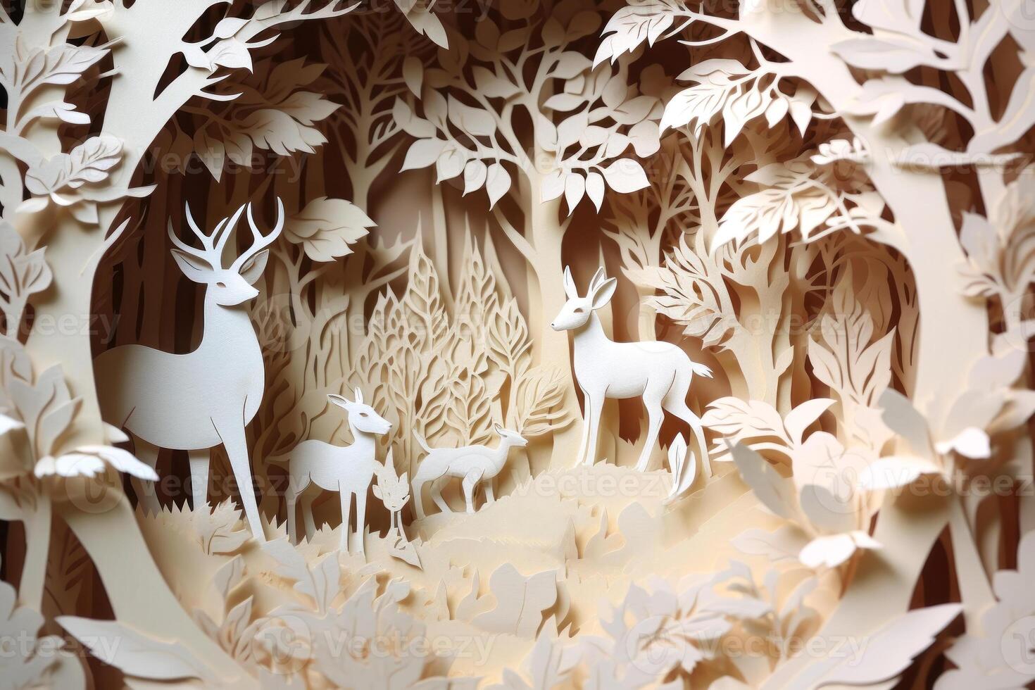 Exquisitely detailed paper art forest scene, featuring elegant deers photo
