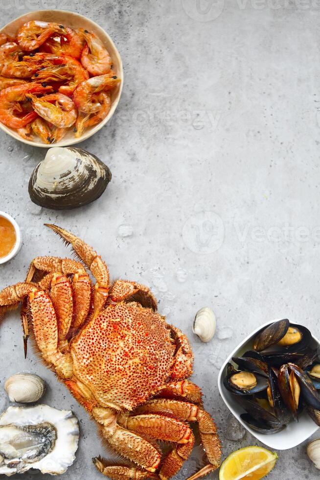 Freshly variety of sea food on the gray kitchen table photo