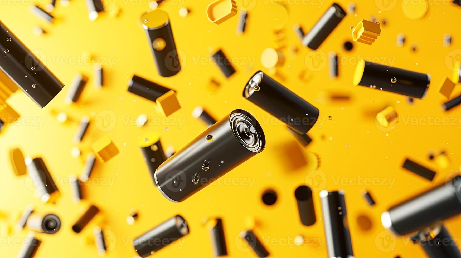 Explore the dynamic world of abstract art with this eye-catching yellow backdrop and floating black cylinders photo