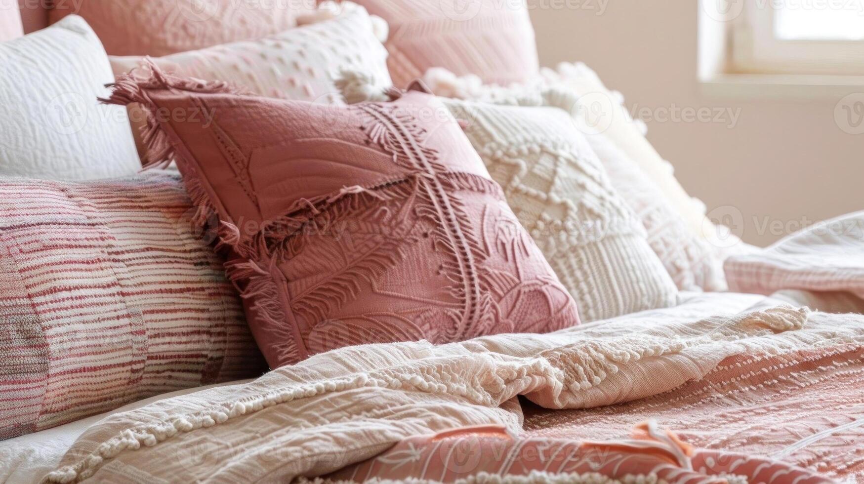 Cozy up your space with this stylish pillow arrangement featuring soft pastel hues and textured fabrics photo