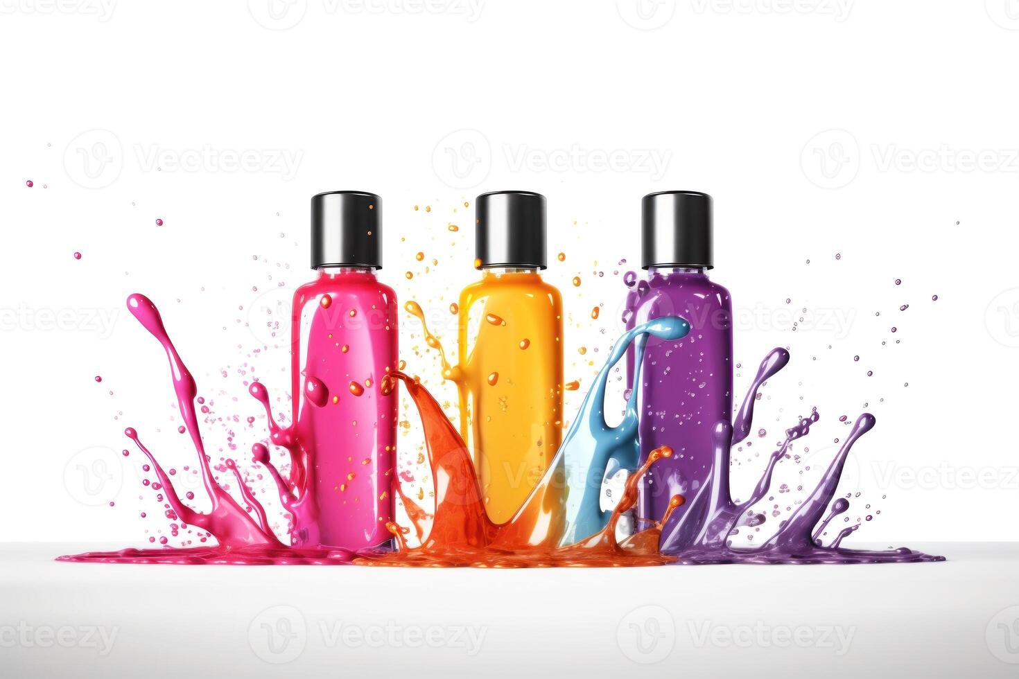 Capture creativity in action with vibrant ink splashes from colorful bottles photo