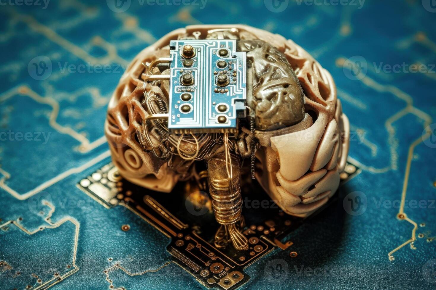 Explore the fusion of biology and technology with this vibrant illustration of a human brain photo