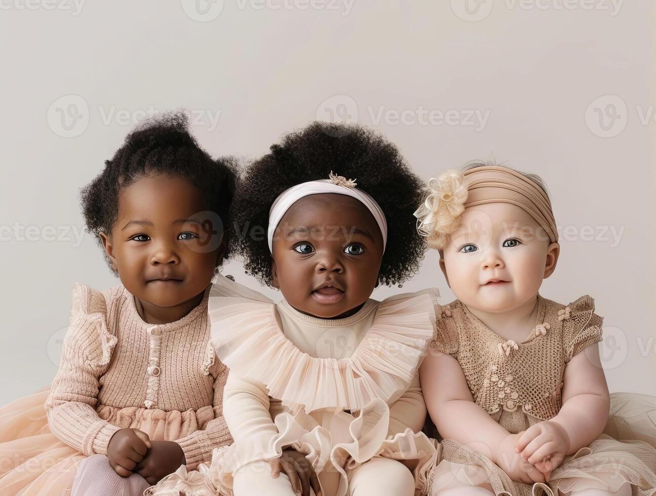 Heartwarming portrait of adorable babies dressed in soft pastel outfits photo