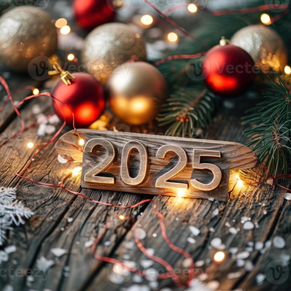 Capture the essence of the festive season with this captivating image featuring the year '2025' amidst a backdrop photo