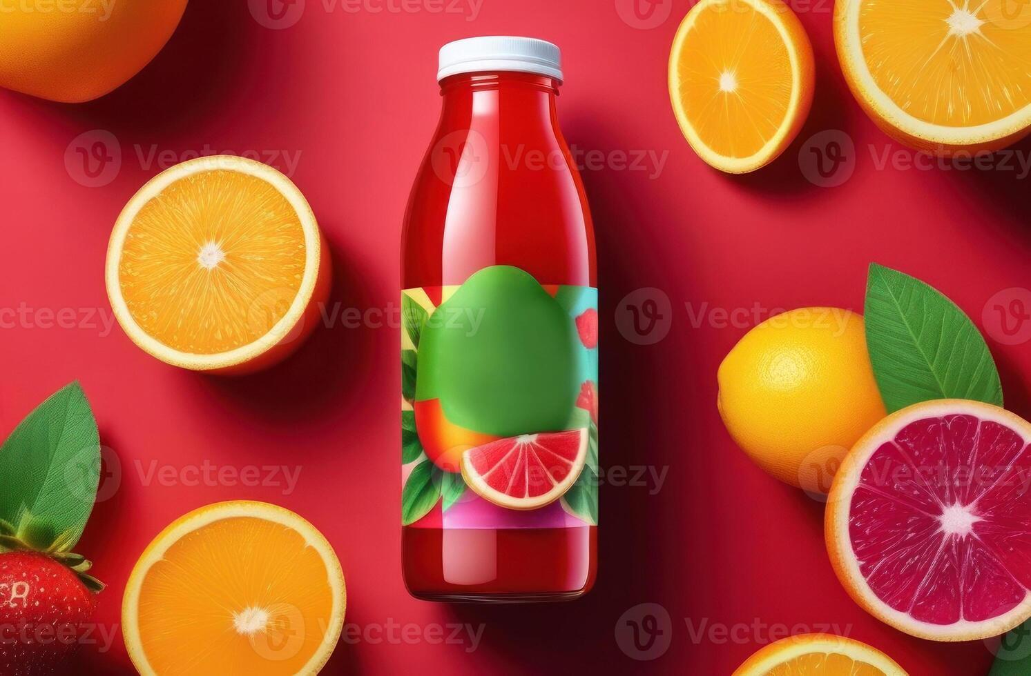 Bright and vibrant juice bottle pops against a red background, surrounded by fresh citrus fruits photo