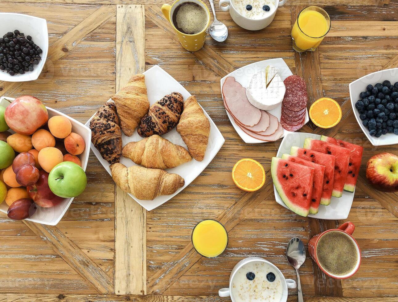 High angle of healthy delicious breakfast on wooden table in morning photo