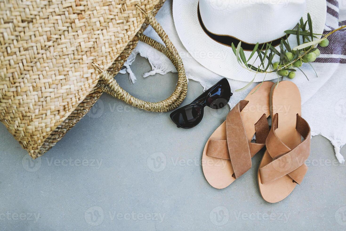 Modern summer accessories flat lay photo