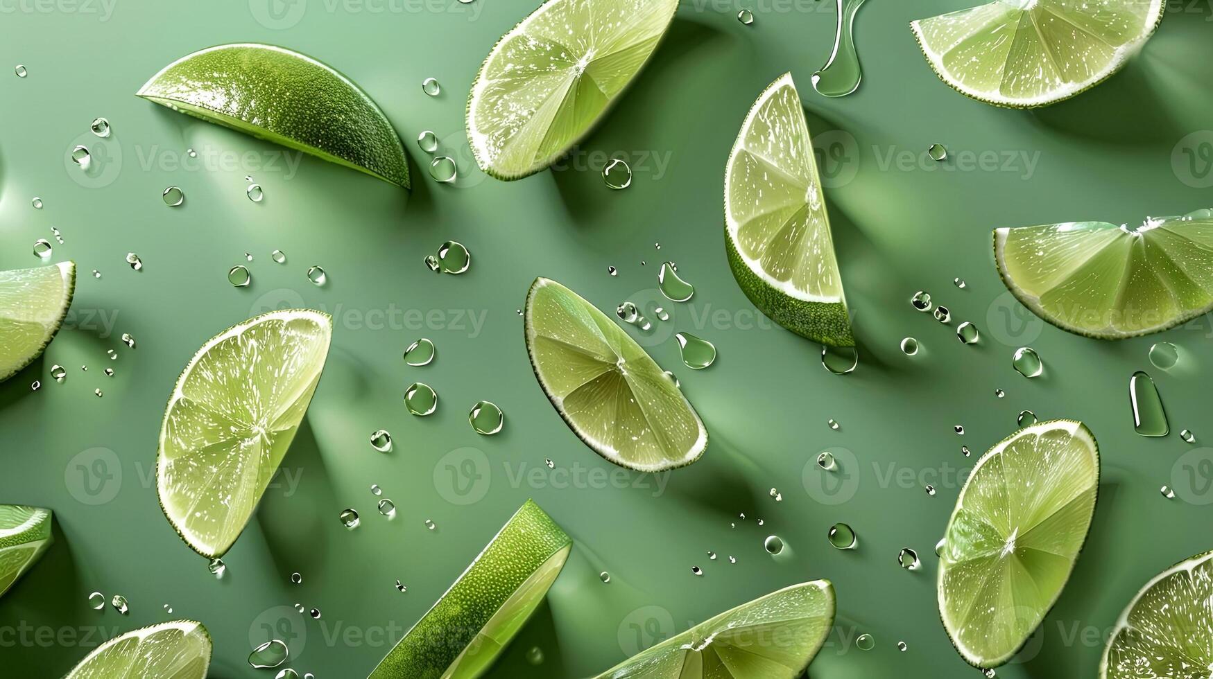 Vibrant lime slices with water droplets on a sleek green background, showcasing fresh summer vibes photo