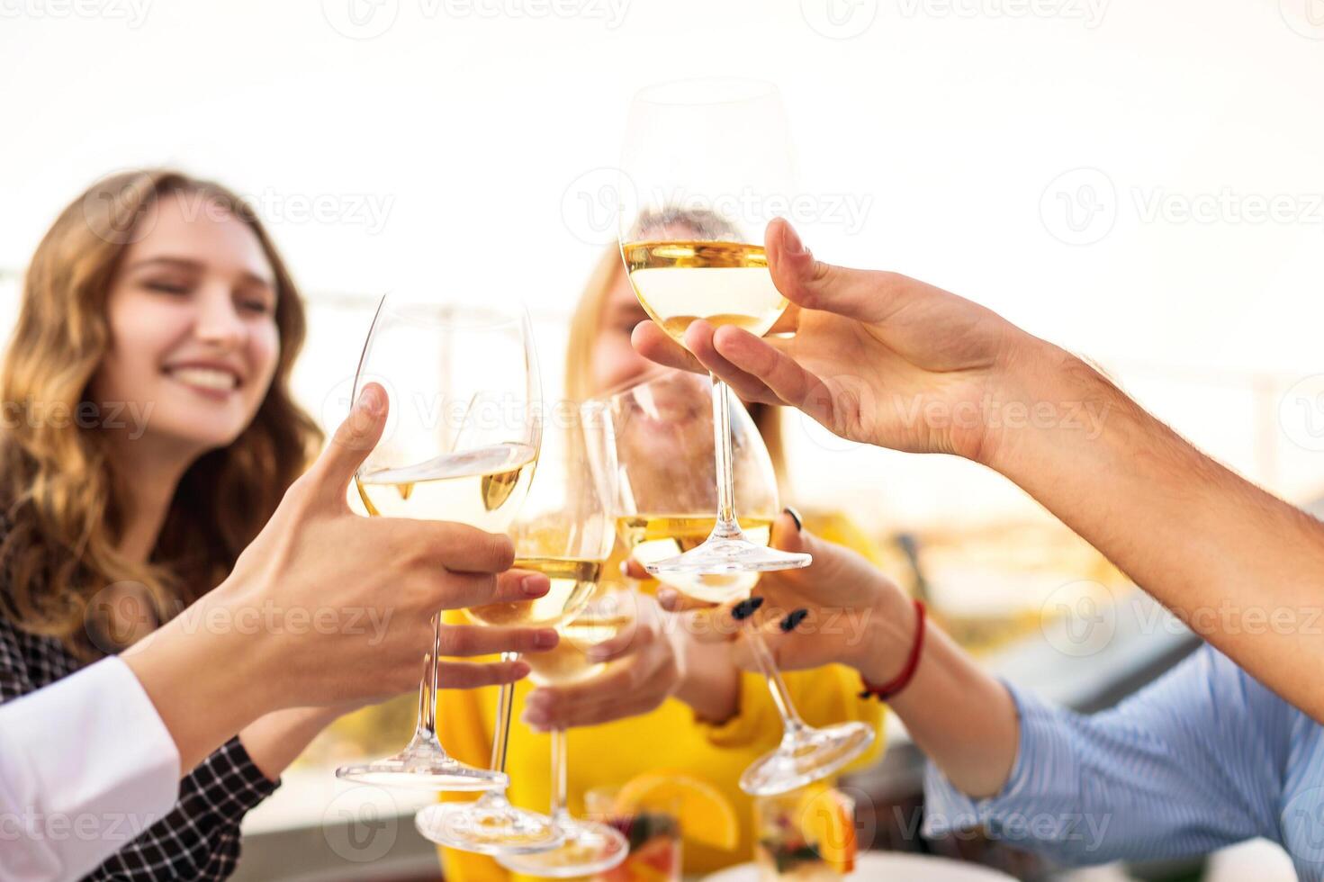 Cheerful friends drinking white wine during roof party photo