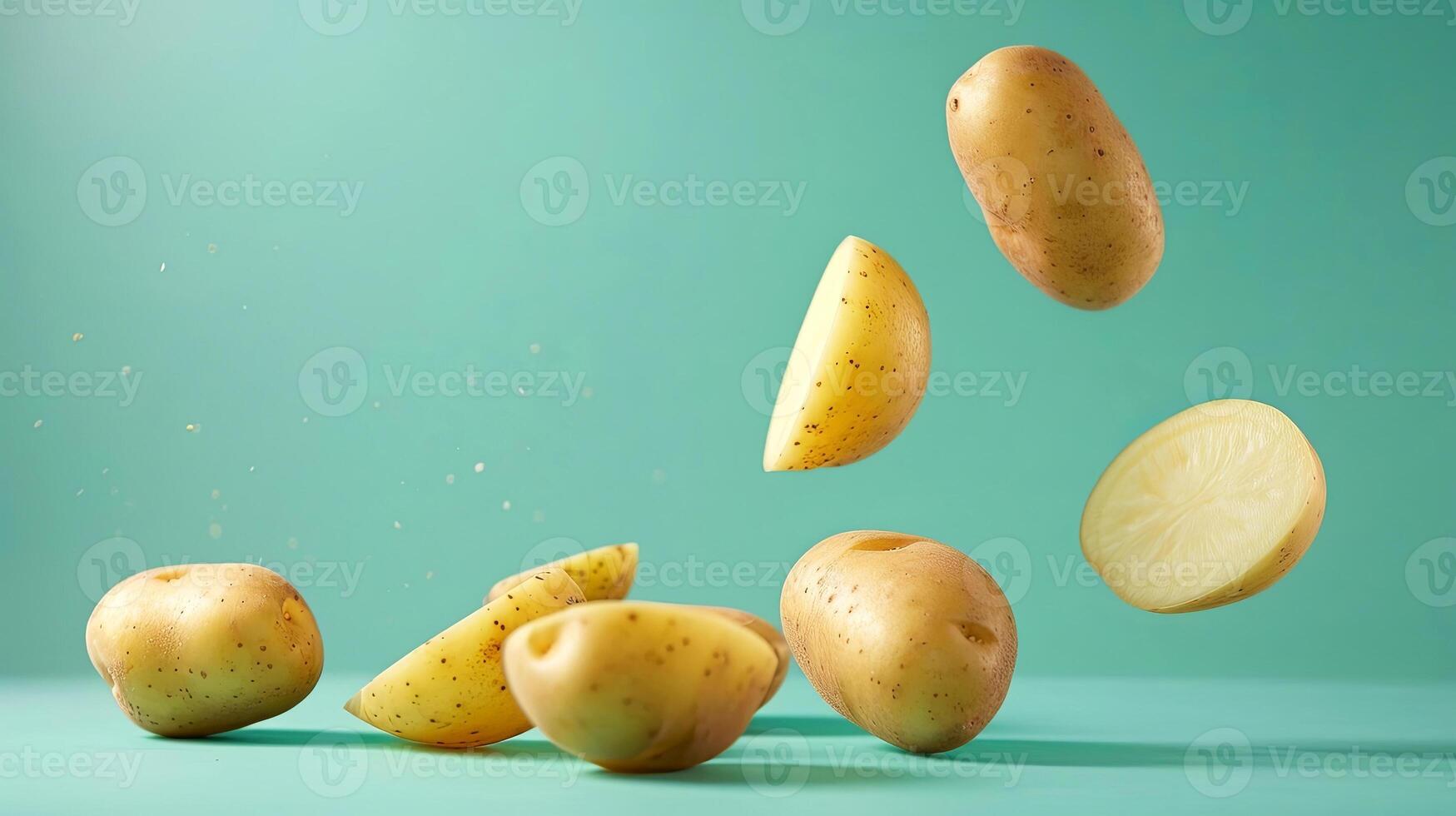 Freshly sliced potatoes dancing mid-air against a vibrant aqua background photo