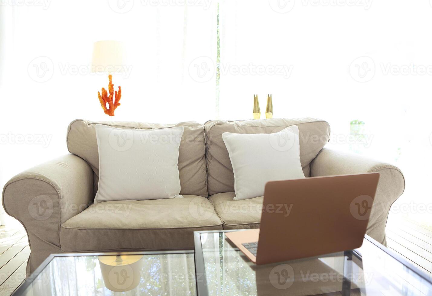 Light room with sofa and laptop on table photo