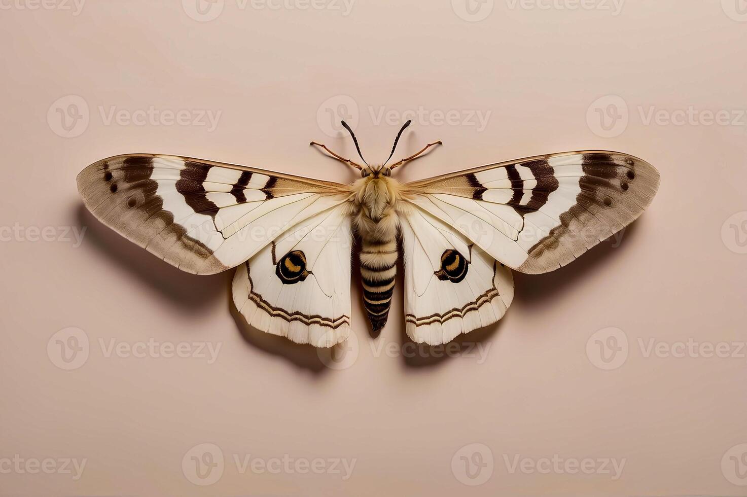 A detailed image capturing the intricate black and white patterns on the wings of a moth, showcased on a seamless neutral surface. photo