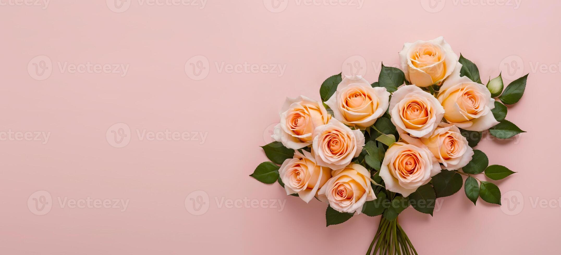 Flat lay roses bouquet on isolated pastel background with copy space photo