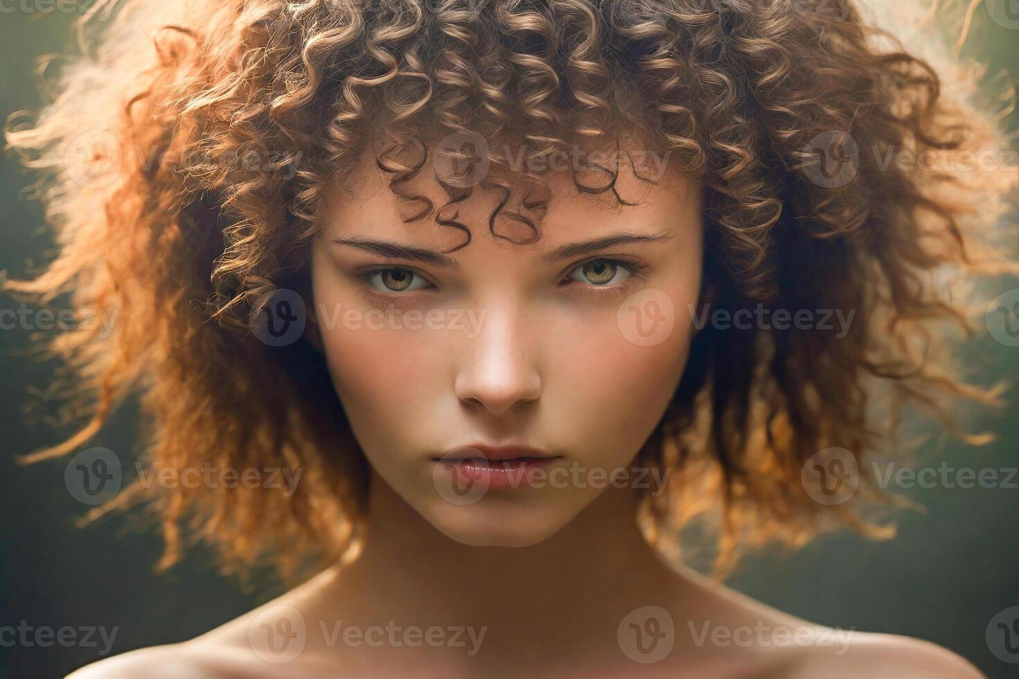 Portrait of young woman with curly hair looking at camera photo