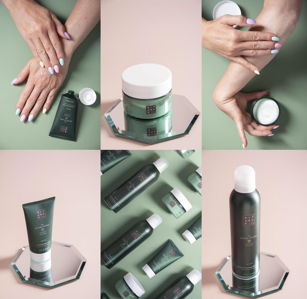 collage with Rituals green set cosmetics ritual of jing , As,Belgium, June 14,2022. High quality photo