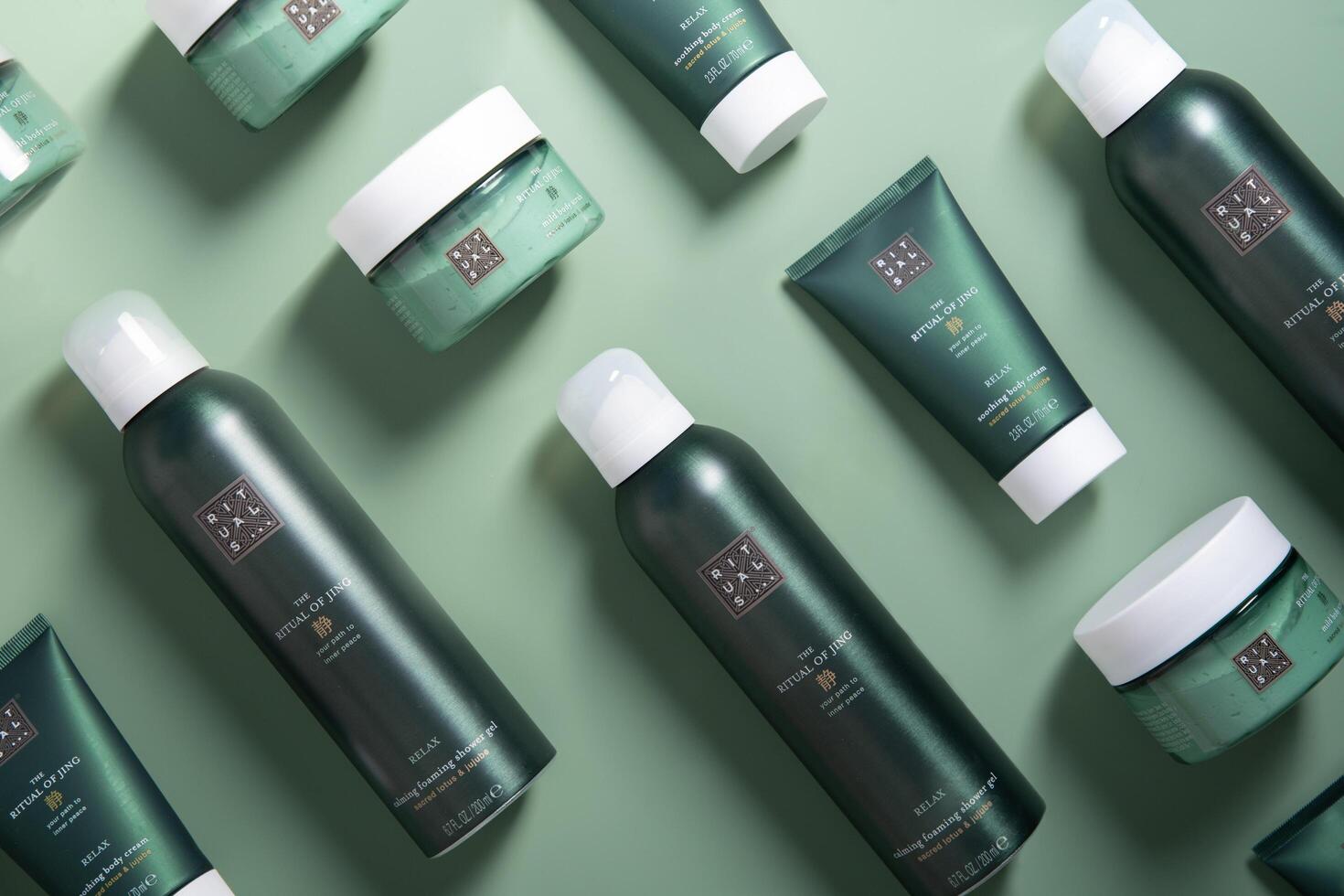collage with Rituals green set cosmetics ritual of jing , As,Belgium, June 14,2022. High quality photo