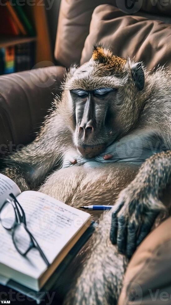 Baboon with Glasses Sleeping on Notebook in Cozy Study Setting photo