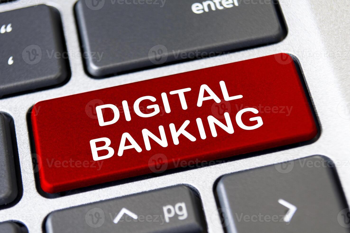 Digital banking text on red laptop keyboard. Banking and transaction in digital form concept photo