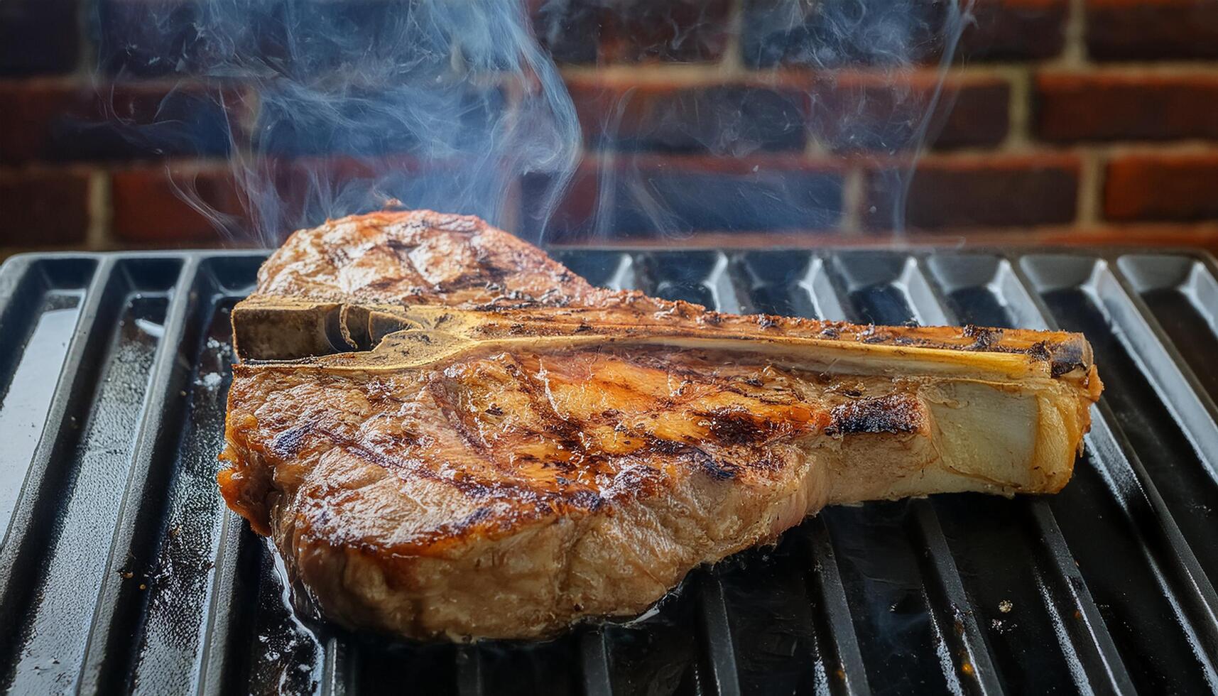 image of T-bone steak on the grill pan with chilling smoky in close up. photo