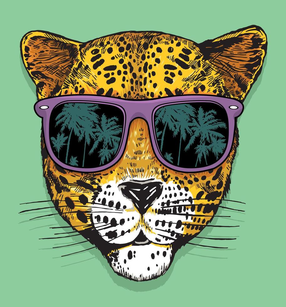 Stripped-down style illustration of a jaguar's face wearing sunglasses. vector