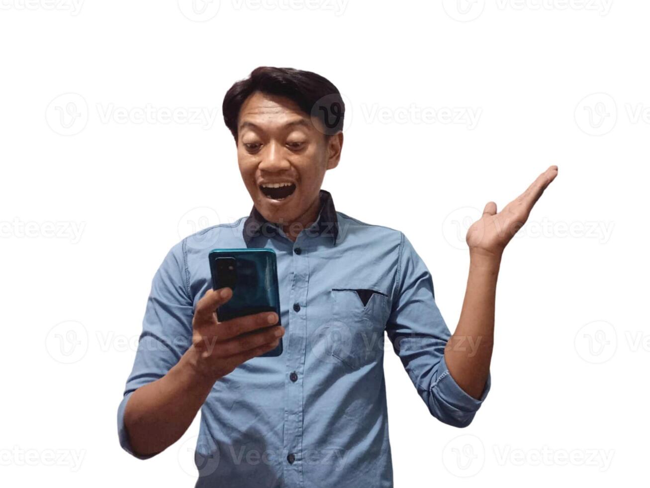 Business asian man, phone and smile with mockup for social media, advertising or marketing app photo