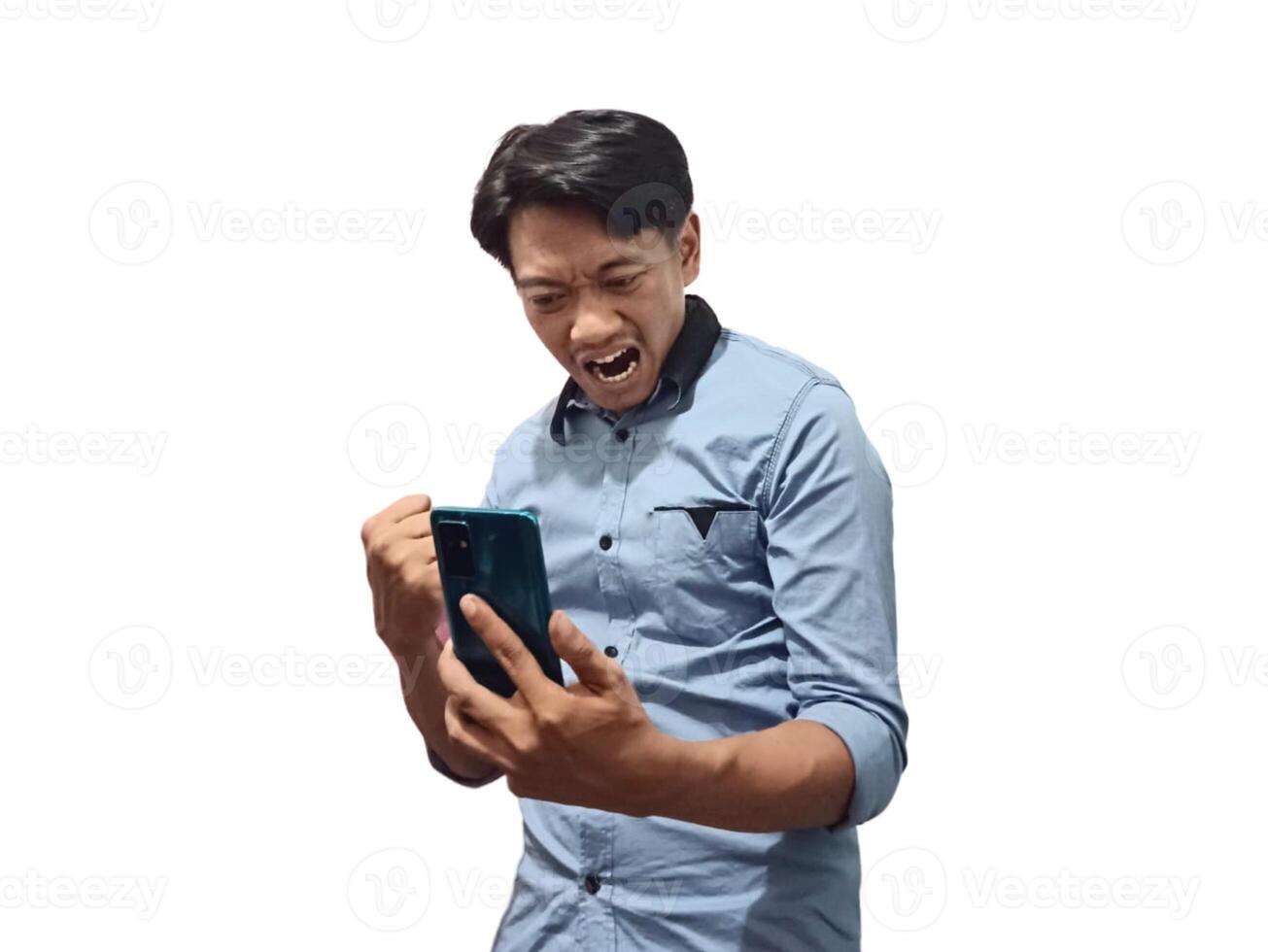 Business asian man, phone and smile with mockup for social media, advertising or marketing app photo