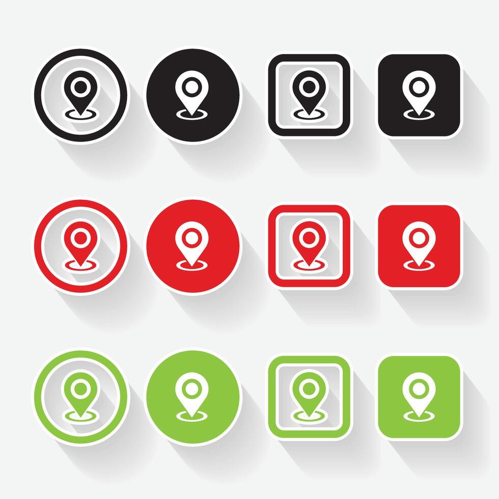 Isolated shadow location pin logo icon design with green, red and black color vector