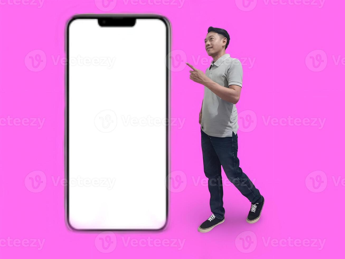 Business asian man, phone and smile with mockup for social media, advertising or marketing app photo