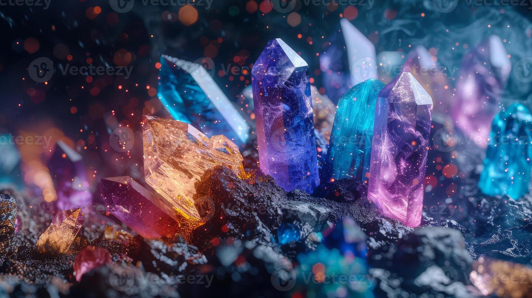 Colorful Crystals Cluster In Dramatic Light. Healing Gemstones, Reiki Energy Therapy, New Age photo
