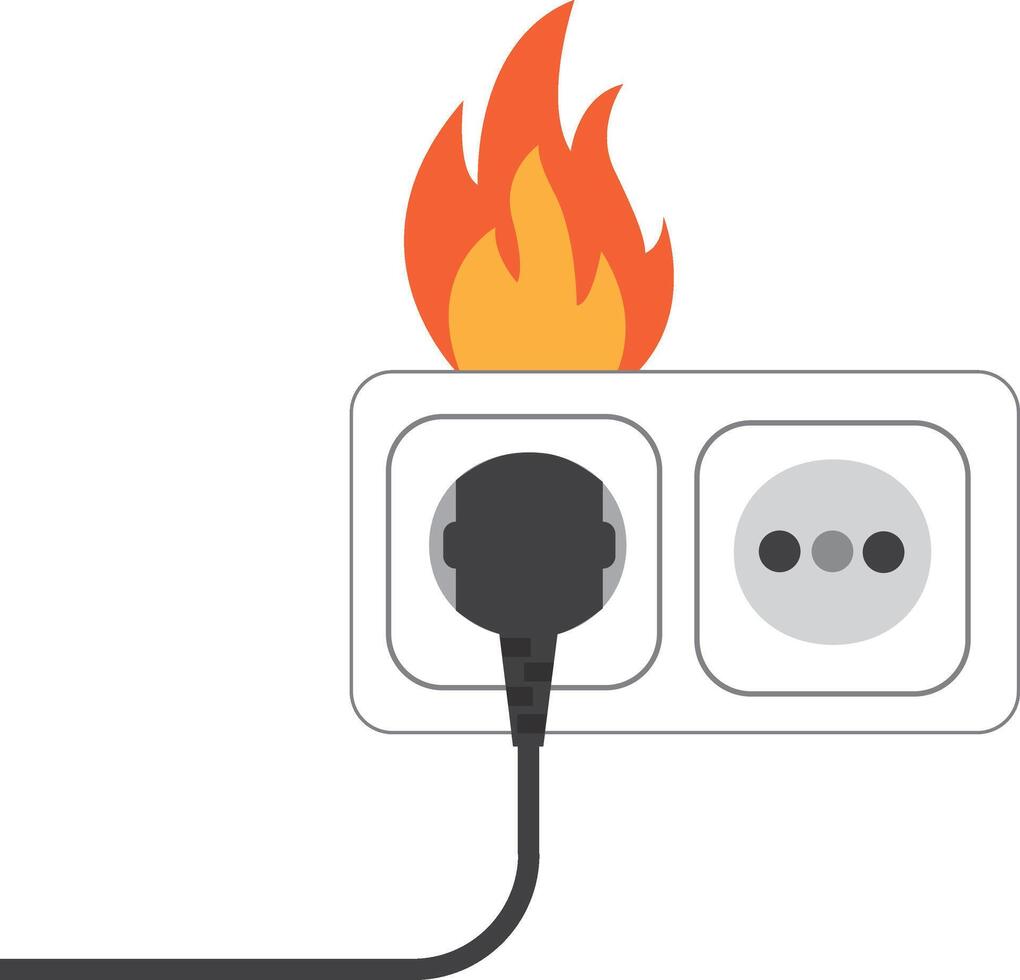 Fire wiring. Socket and plug on fire from overload. Electrical safety concept. Illustration flat design. Broken electrical connection. vector