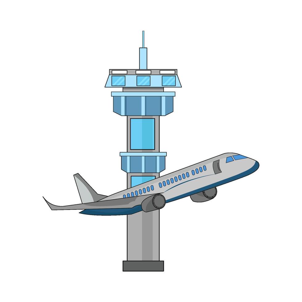 illustration of airplane with airport control tower vector