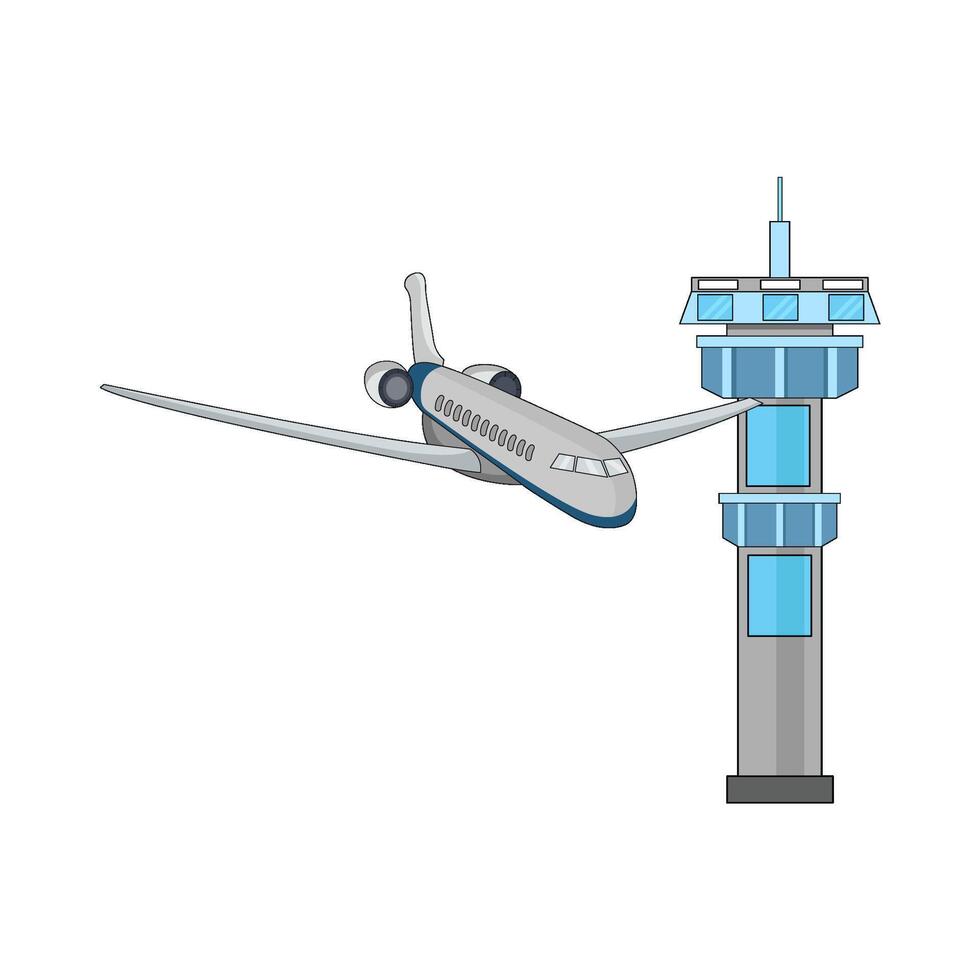 illustration of airplane with airport control tower vector