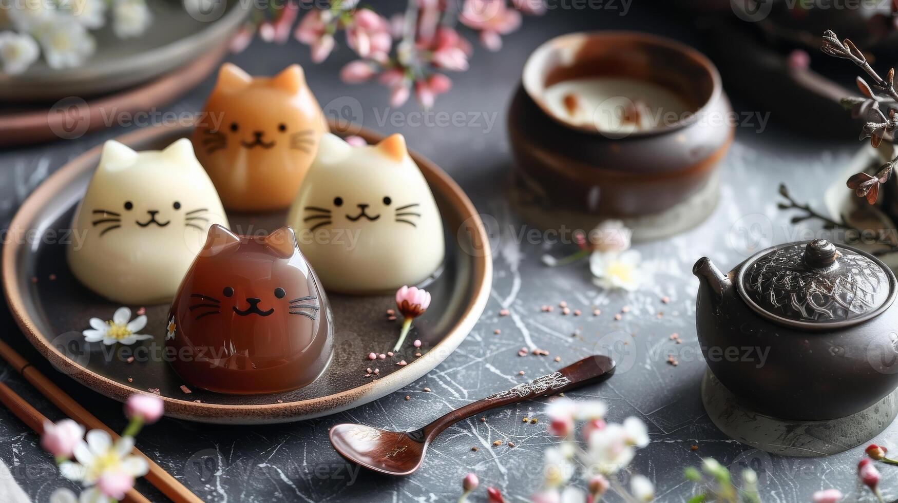 Colorful cat-shaped gelatine puddings with smiling faces on a plate next to a teapot and flowers photo