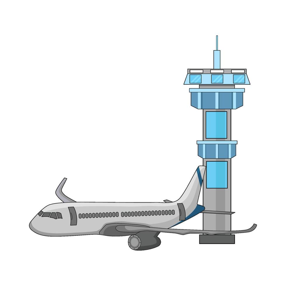 illustration of airplane with airport control tower vector