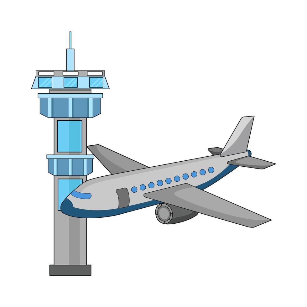 illustration of airplane with airport control tower vector