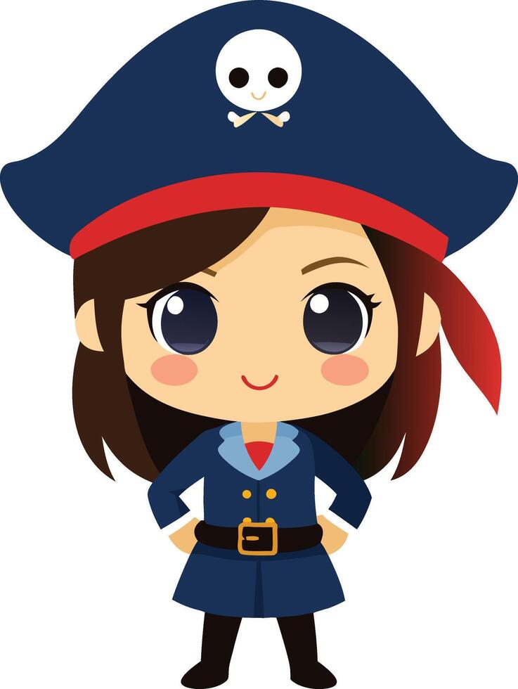 Chibi girl dressed as a pirate, with a tricorn hat, eye patch, and a playful grin. vector