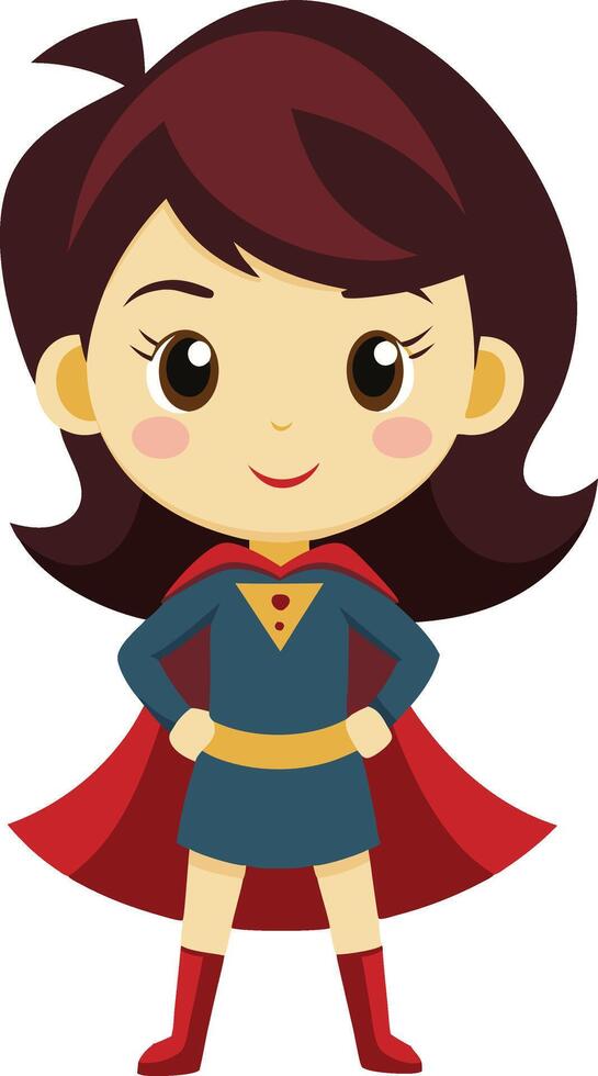 Chibi girl in a superhero costume with a cape, standing confidently with hands on hips. vector