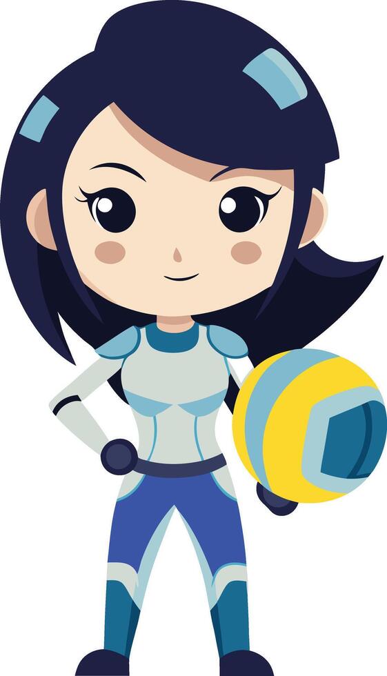 Chibi woman in a futuristic space suit, with a helmet under her arm and a determined expression. vector