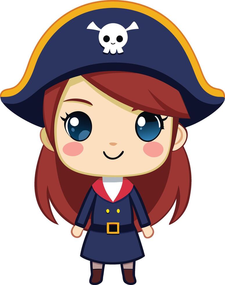 Chibi girl dressed as a pirate, with a tricorn hat, eye patch, and a playful grin. vector