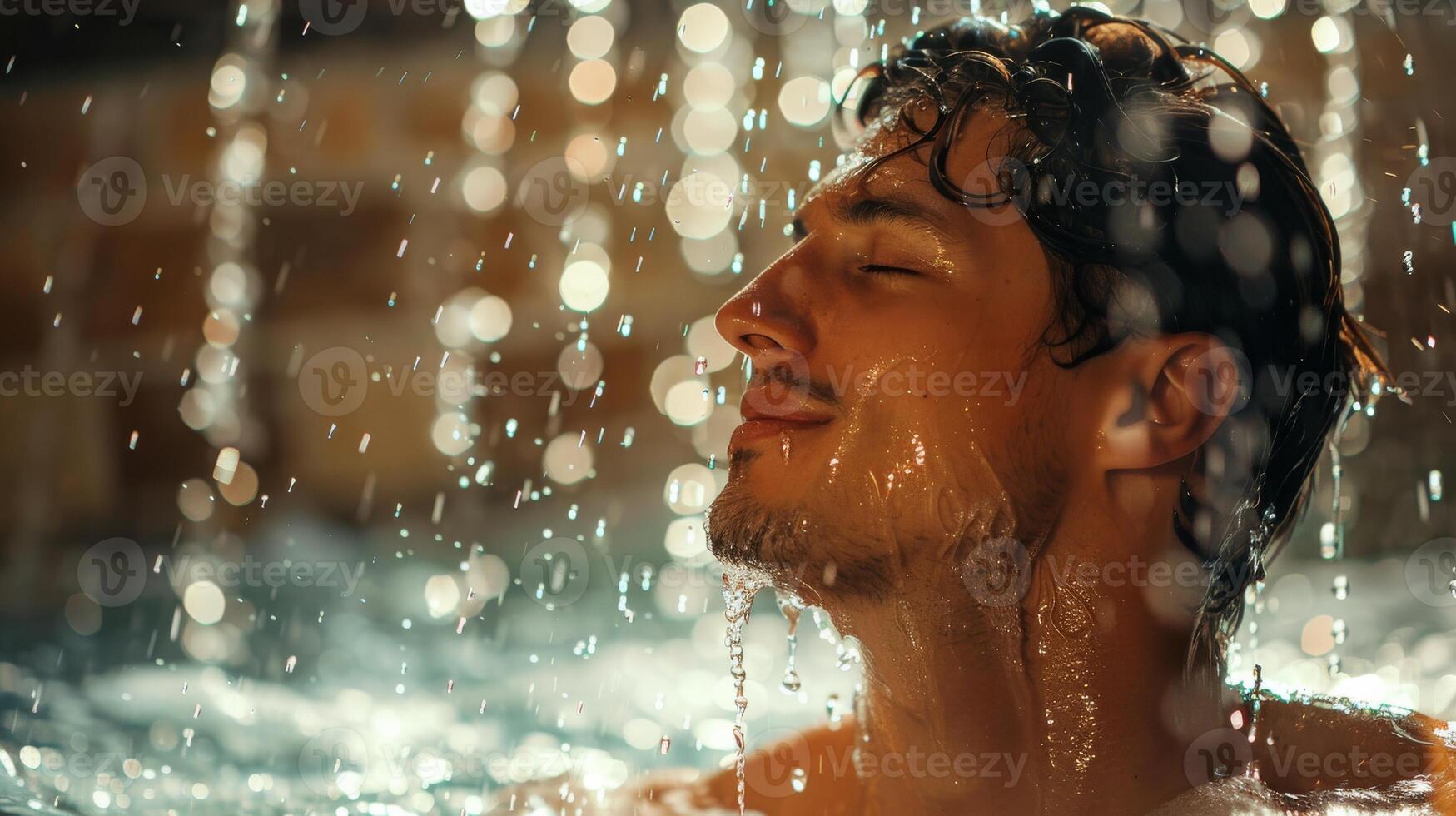 A man enjoys refreshing shower in sauna, with water droplets glistening. Rejuvenation and relaxation photo