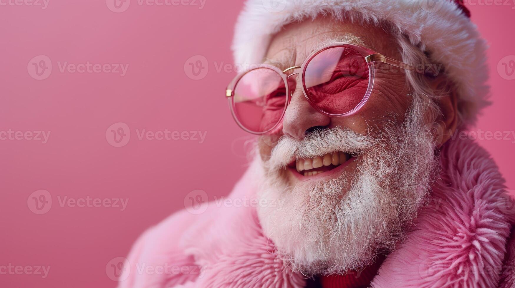 Glamorous Santa Claus in pink clothes and sunglasses laughing joyfully on background with copy space photo