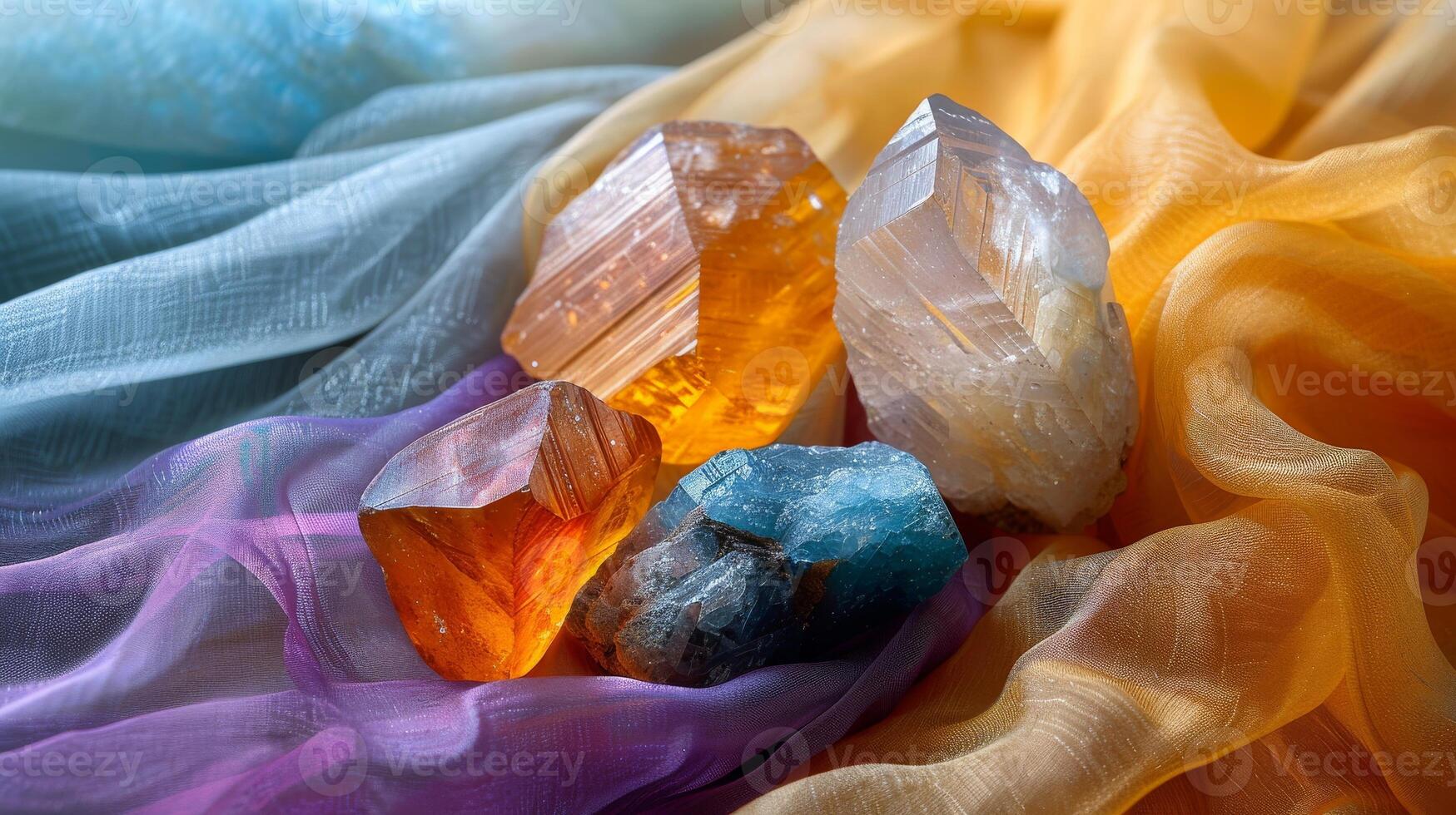 Various polished healing crystals like citrine, malachite, selenite on a silk cloth. New age banner photo