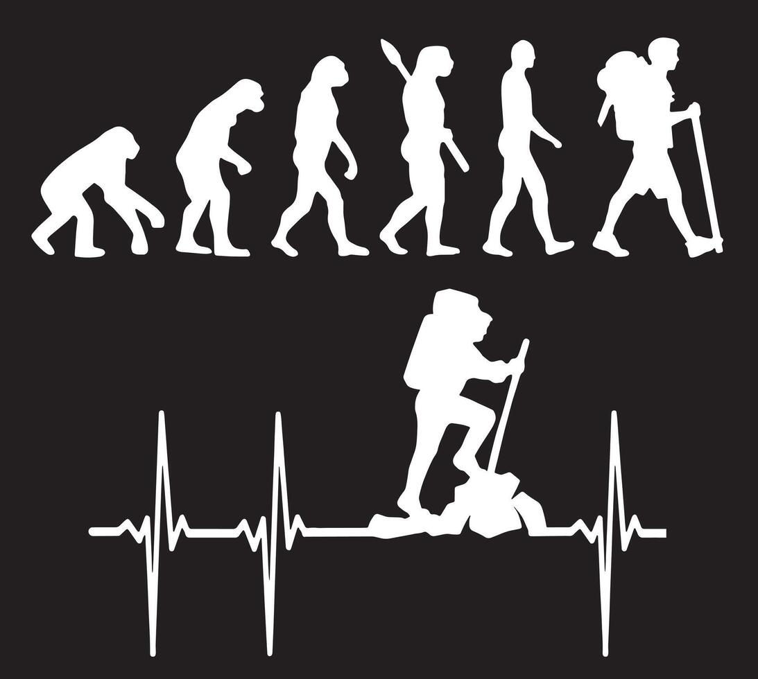 Hiking evolution and heartbeat hiking silhouette vector