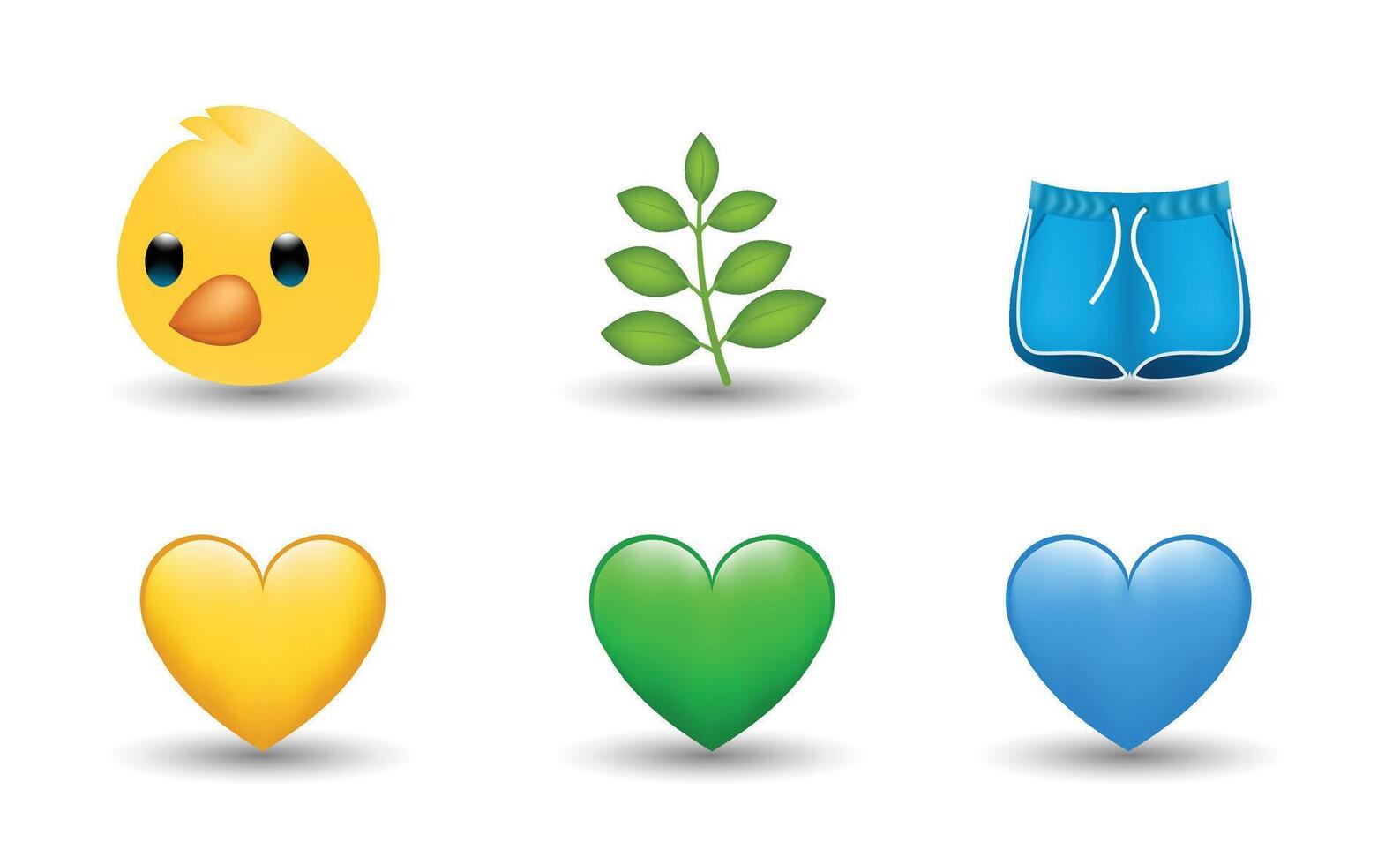 6 Emoticon isolated on White Background. Blue, yellow and green heart, leaves, shorts, chicken emoji Illustration. 3d Illustration set. vector