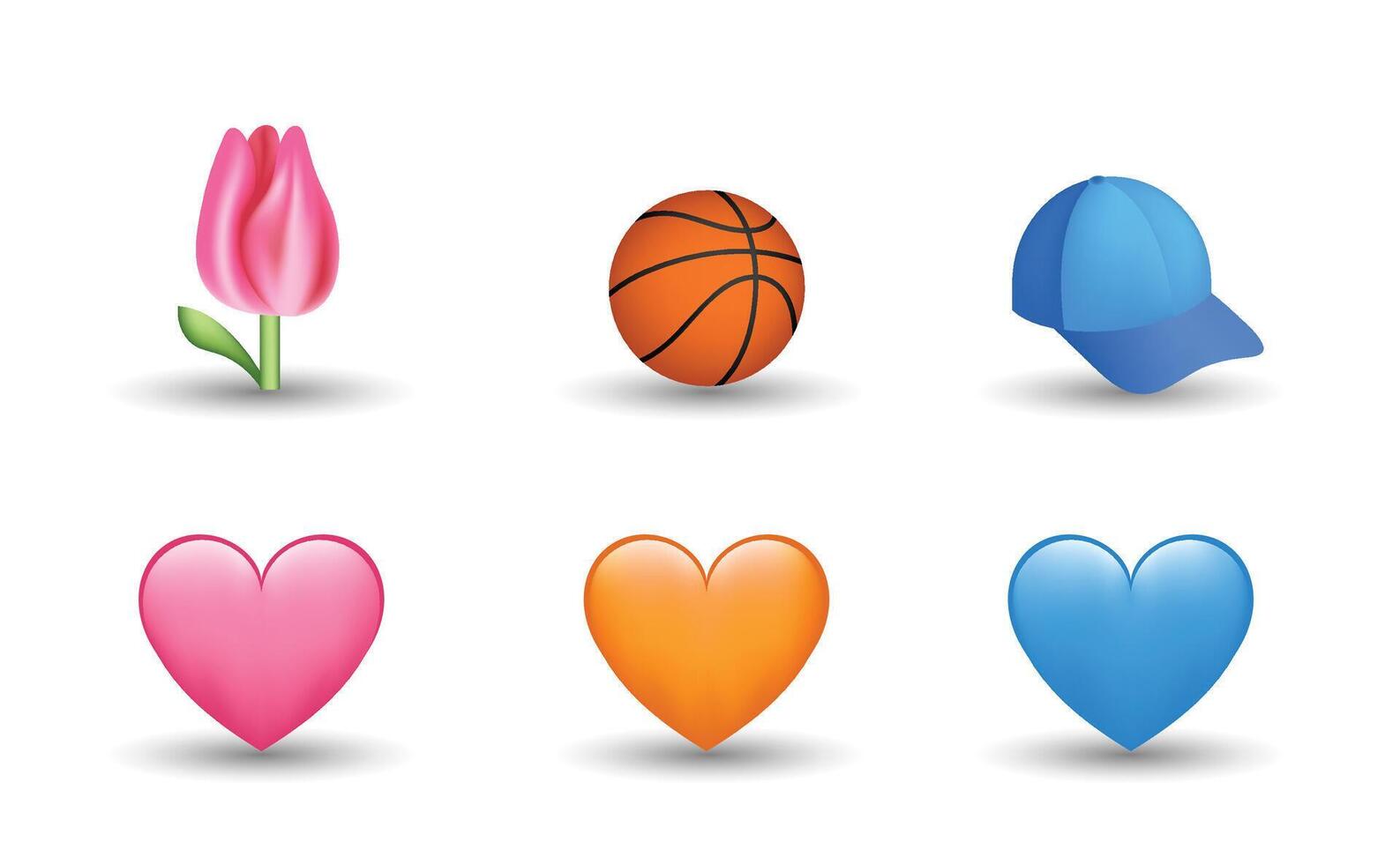 6 Emoticon isolated on White Background. Blue, pink and orange heart, basketball ball, cap, tulip emoji Illustration. 3d Illustration set. vector