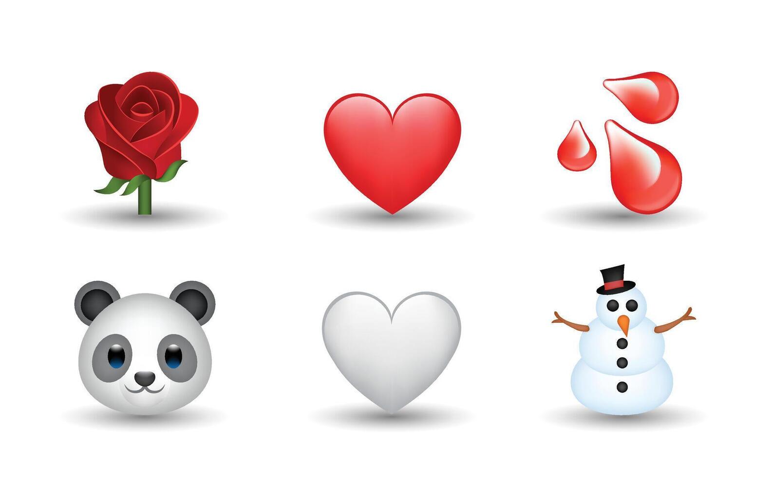 6 Emoticon isolated on White Background. Red rose, blood drop, white and red heart, panda, snowman emoji illustration. 3d Illustration set. vector
