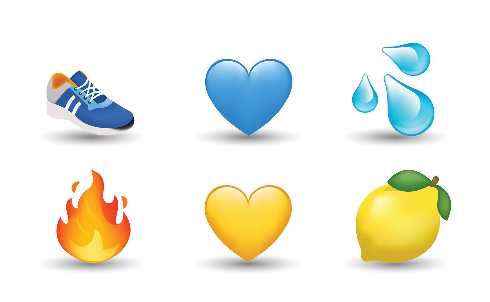 6 Emoticon isolated on White Background. Sneakers, water drop, yellow and blue heart, flame, lemon emoji illustration. 3d Illustration set. vector