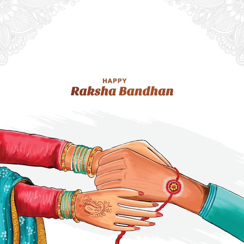 Hand draw happy raksha bandhan sister tying rakhi to brother card background vector
